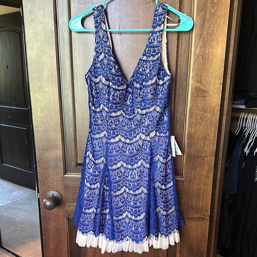 B Darlin Blue Lace Dress with White Accents